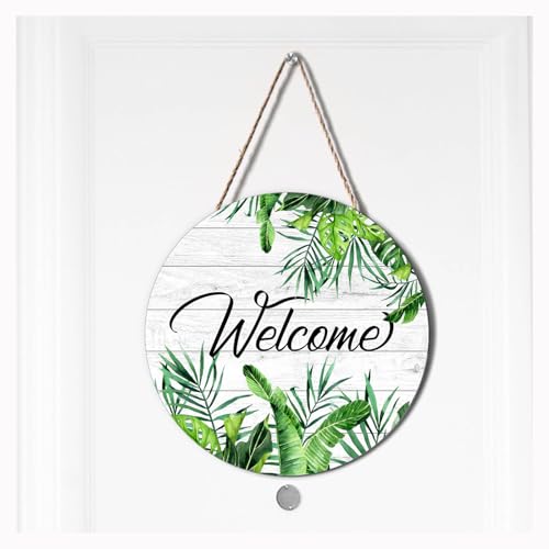 Ceutoiy Welcome Sign Tropical Leaves For Front Door Decor, Green Palm Leaves Rustic Wood Door Hanger For Porch Balcony, Welcome Door Wreath Hanger Kitchen Bedroom Home Decoration