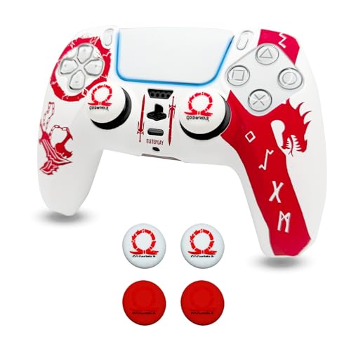 ElitePlay Funda de silicona antideslizante para mando de PS5, diseño de God of War, color blanco y rojo, funda de goma suave para mando inalámbrico de PS5 con juego de agarre para el pulgar