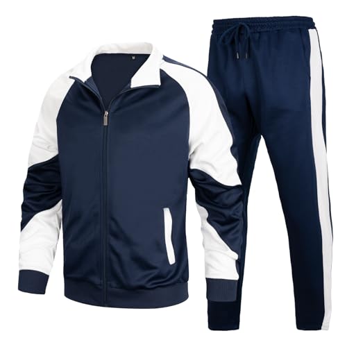 Hooteria Men's Track Suits Sets Long Sleeve Full-zip Sweatsuit Athletic Jogging Gym 2 Piece Outfit Navyblue L