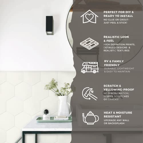 Avant Decor | 30 Tiles | Stone Composite Hexagon Solid Color | Peel And Stick Kitchen Backsplash Tiles | Stick On Wall Tiles | Easy Diy Installation | 6” X 6.9” #TOP4