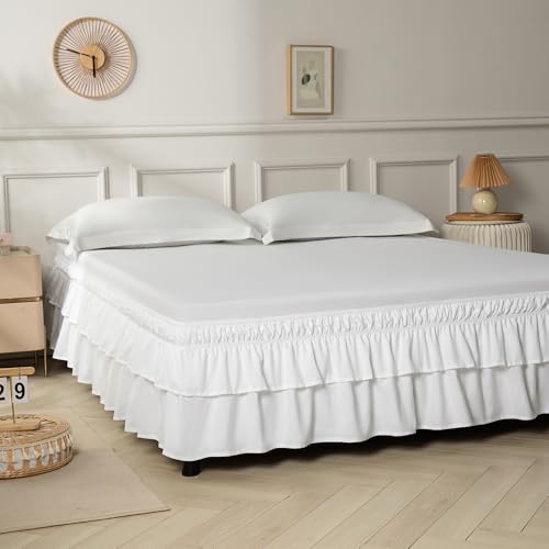 NookZuzu Double-Layered Ruffled Bed Skirt,White Wrap Around Bed Skirt for Twin/Twin XL Size Beds 14\" Drop,Adjustable Elastic 2 Layer Bed Skirt,Machine Washable Soft Fabric, Multi Ruffle Bedskirt