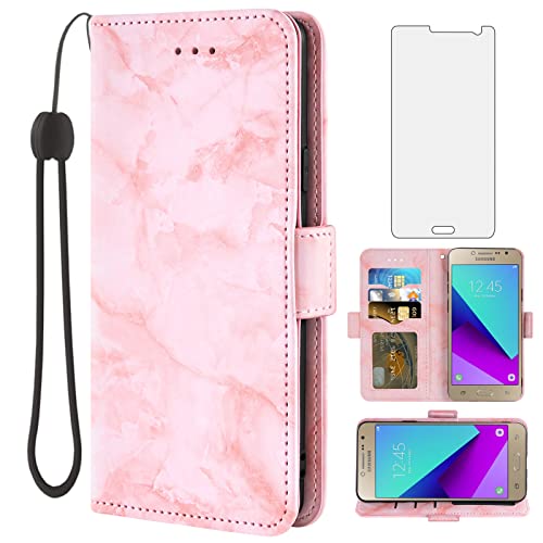 Asuwish Compatible with Samsung Galaxy Grand Prime J2 Prime Case and Tempered Glass Screen Protector Card Holder Slot Cell Kickstand Stand Flip Marble Wallet Phone Covers for Glaxay 2 2J Plus Pink