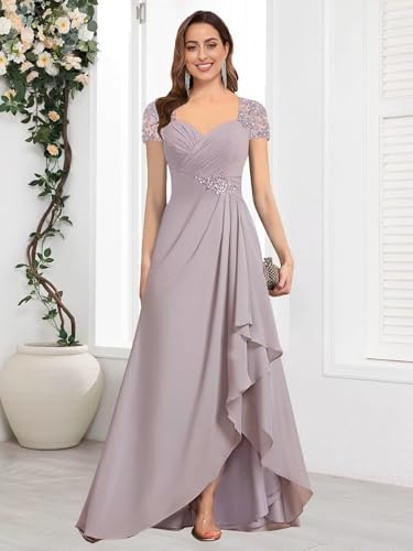 Mother of The Bride Dresses for Wedding Guest Short Sleeves Beaded Chiffon Formal Evening Gown JH0153