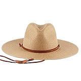 WHB Sonnenhüte Unisex Damen Herren Panamahut Stroh Breite Krempe Strohhüte Verstellbare Strandmütze UV Schutz Schlapphut Safari Hut Sommer Strand Upf50+ (Khaki,one Size)