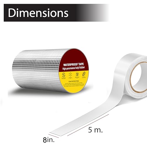 Image of Aluminium Butyl Waterproof Tape | Heavy Duty Leak Repair Sealing Tape | Self-Adhesive Roof, Pipe & Wall Crack Repair | Weatherproof & Heat Resistant (8 Inch (20CM*5M)