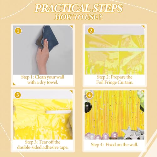 Image of DECOCKRAT 3 Pack Foil Fringe Backdrop - Pastel Yellow Shiny Tinsel Curtains for Party Decoration /Photo Booth Props - 3.3x8.2 FT Metallic Foil Backdrop for Birthday, Wedding, Graduation, Christmas.