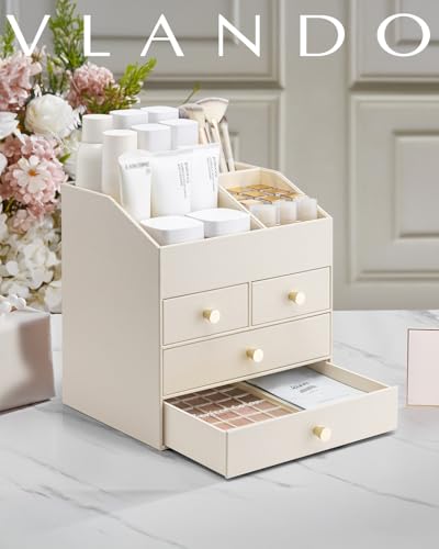 Vlando Make up Organizer mit 4 Schubladen, Schminktisch Organizer, Kosmetik Organizer, Schmink Organizer für Badezimmer, Dresser Skincare, Beige