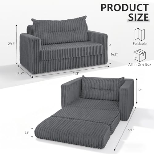 Image of HABUTWAY 41.3 inch Loveseat Boneless Couch, 4-in-1 Convertible Sofa Bed, Plush Fur Folding Futon Sofa Bed Couches with a Pillow for Living Room, High-Density Foam Support, No Assembly Required, Grey