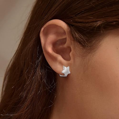 Silver Star Hoop Earrings for Teen Girls Women - Sterling Silver Double Sided Earrings Hypoallergenic Cubic Zirconia Star Earrings Double Star Loop Earrings Fashion Women's Earrings Gift for Christmas2