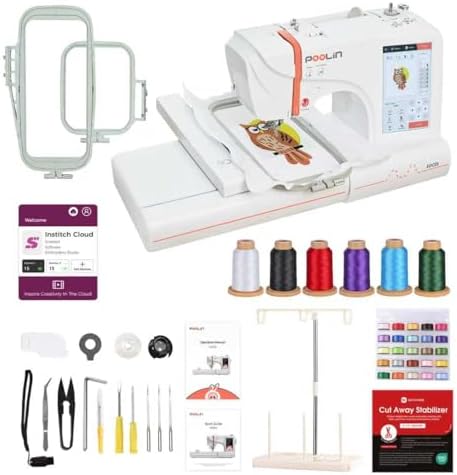 Poolin EOC05 Embroidery Machine Maximum embroidery area 4x9.25inch, 7 Inch Touch Screen Comes with WiFi Design Transfer, Includes All Accessories Supplies and Training for Beginners