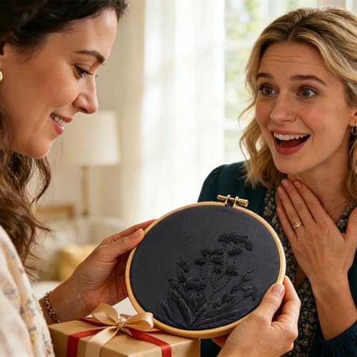 Image of Armindou Black Flowers Embroidery Kits for Beginners Adults, Floral Hand Embroidery Set Needlepoint DIY Kit, Stamped Cross Stitch Kits for Beginners Adult, 2 Embroidery Hoops (Attached Video Tutorial)