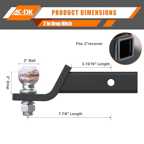 AC-DK Trailer Hitch Ball Mount for 2 inch Receiver,2 inch Drop Hitch,with 2-Inch Ball,7,500 lbs Capacity Ball Hitch, 750lbs Tongue Weight,Includes Hitch Pin by AC-DK - Image 2