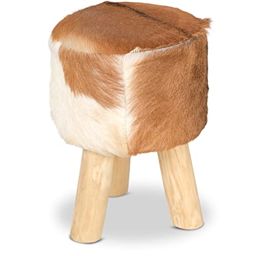 livasia Ziegenfellhocker mit Teakholz, Sitzhocker, Beistellhocker (Ziegenfell - Braun - Weiß)
