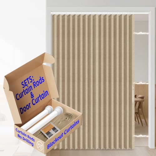 Image of AJAZZ Blackout Accordion Door Curtains with Curtain Rods 52-63 in Length for Door Window Curtains Magnetic Door Curtain for Bedroom, Doorway Curtain Sets (1 Panel, 72 W x 78 L, Brown)