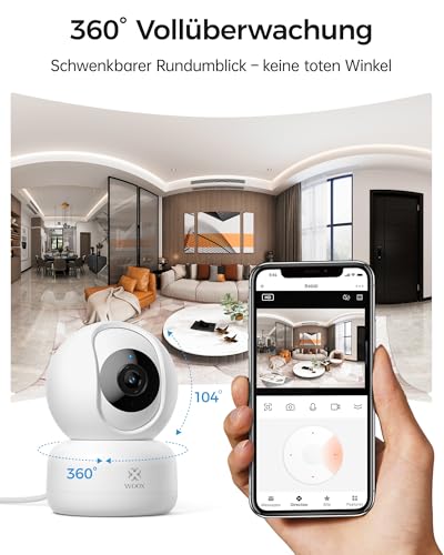 Woox Kamera Überwachung Innen 2K, 360 Grad WLAN Überwachungskamera Indoor, Haustier und Baby Monitor mit Personen-/Baby-Schreierkennung, Auto-Tracking, Zwei-Wege-Audio, Nachtsicht, R4040-V8