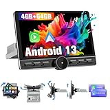 Pyniro 4G+64G Single Din Car Radio Upgrade Rotating,10.6 Inch Android 13 Car Stereo Replacement 10.6 Inch Touchscreen HeadUnit with CarPlay AndroidAuto/Bluetooth/GPS/FM/AM/BackCamera/SIM4G