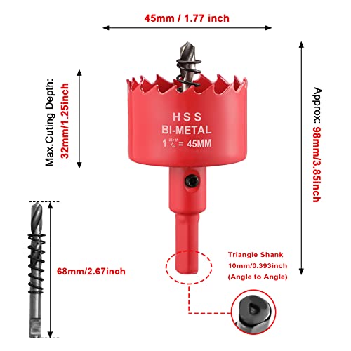 45mm Hole Saws Cutter, HSS Bi-Metal Drill Bit for Wood Plastic, UPVC, Fiberglass and Plasterboard, Red - Image 3