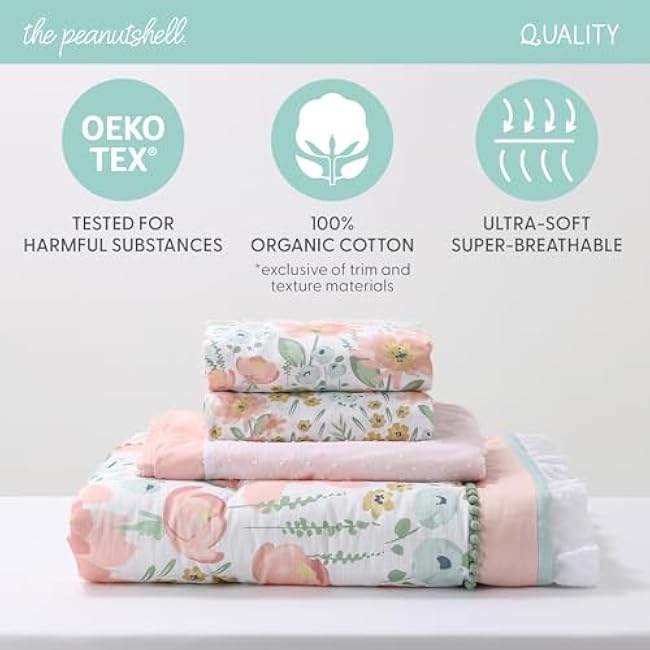 The Peanutshell 4 Piece Organic Cotton Baby Crib Bedding Set for Girls - Newborn, Infant & Toddler Nursery Bed Set Decor with Two Crib Sheets, Dust Ruffle Comforter - Wildflower