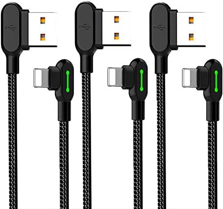 mcdodo USB 90 Degree Right Angle Design Gaming LED Nylon Braided Sync Charge Double Size USB Reversible Data 4FT/1.2M Cable Compatible New iPhone/iPad/iPod (3 Pack Black, 4FT)