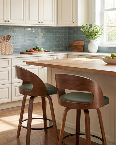 Image of AQG Swivel Bar stools Set of 2 Bar Chairs 26 inch Counter Height Mid-Century Modern Bentwood Barstool PU Leather Upholstered Bar Chair with Back and Footrest, for Bar, Cafe, Dining, Kitchen Island, Green