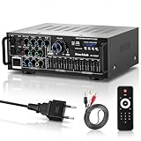 HiFi Verstärker Stereo Bluetooth Verstärker 600W mit Fernbedienung, 2 Kanal Endstufe mit 5-Band-EQ, HiFi Stereo Audio Receiver, FM, USB, SD, AUX, Karaoke Verstärker für Heimkino Musikstudio, AC/DC 12V