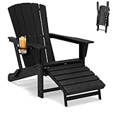 Polyhouz Folding Adirondack Chair with Retractable Ottoman,HDPE Outdoor Adirondack Chair with Cup Holder,All-Weather Lounge Chairs for Outside,Patio,Pool,Fire Pit,Black