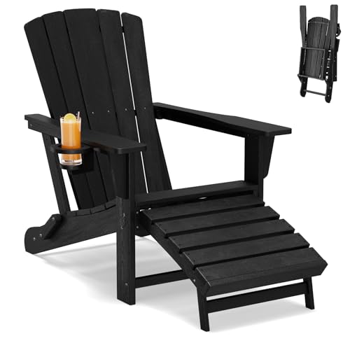 Polyhouz Folding Adirondack Chair with Retractable Ottoman,HDPE Outdoor Adirondack Chair with Cup Holder,All-Weather Lounge Chairs for Outside,Patio,Pool,Fire Pit,Black