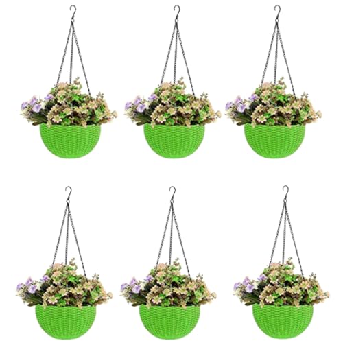 Image of Go Hooked Pots | Plastic | Hanging Pot | Green | Pot Diameter- 7.1 Inch | Pot Height-4.8 Inch | Pot Thickness-3 mm | Chain Length-13 inch Approx. | 6 Pieces