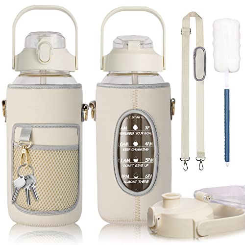 64oz Glass Water Bottle with Straw and Handle Lid, Storage Sleeve, Half Gallon Large Reusable Sports Motivational Glass Bottle with Time Marker, Leakproof and BPA-Free,NewWhite
