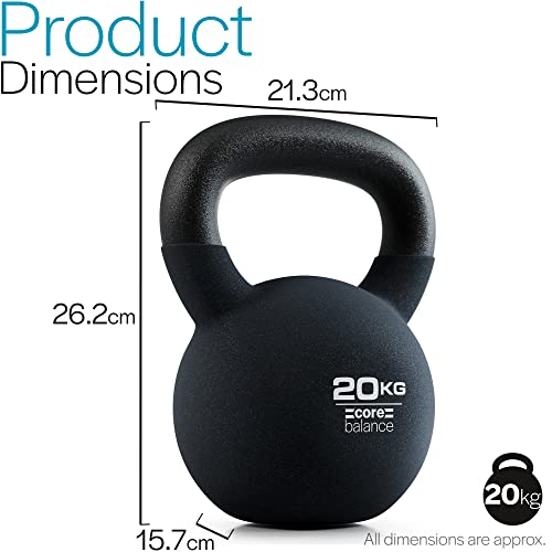 Core Balance 20kg Kettlebell Weight Cast Iron Neoprene Coated Heavy Duty Strength Training (Black) - Image 6