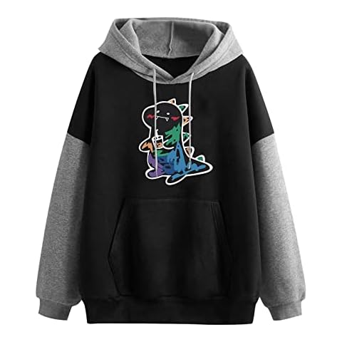 Hoodie Damen Sweatshirt mit Kapuze Japanischen Stil Kawaii Karikatur Kapuzenpullover Mädchen Herbst Winter Pullover Reisen Tägliche Langarm Dinosaurier Cute Casual Pulli Sports Oberteile Cover