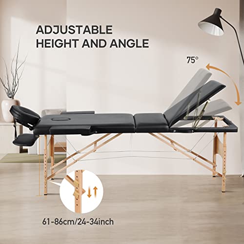 Careboda Professional Massage Table Portable Massage Bed, 3 Sections Wooden Legs Foldable Spa Salon Bed With Carrying Case & Full Accessories #TOP2