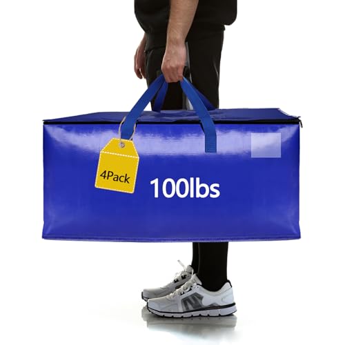 4 Pack Real 100lb Capacity Heavy Duty Moving Bags with Strong Zippers and Reinforced Handles, Extra Large Storage Totes for Packing & Moving Storing, Space Saving Alternative to Moving Boxes-95L,Blue