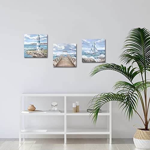 Artsbay Modern Ocean Landscape Wall Art Blue Lighthouse Boat Bridge Beach Landscape Canvas Print Painting Modern Seascape Pictures Artwork For Living Room Bedroom Home Office Decorations #TOP2