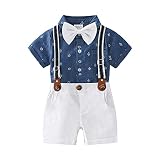 Baby Boys Gentleman Outfits Suits, Infant Blue Shirt+White Shorts+Bow Tie+Suspender Clothes Set,3-6M