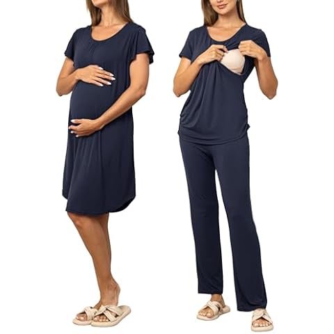 SUNNYBUY Women 3 PCS Maternity Nursing Nightgown Dress & Short Sleeve Breastfeeding Top & Pregnancy Pants Sleepwear Set, Navy L Cover
