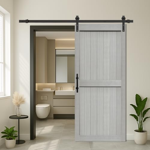 S&Z TOPHAND® 34in x 84in MDF Light Gray Barn Door with 6.6FT Sliding Door Hardware Kit, 24-60in Solid Barn Door Slab Covered with Water-Proof PVC Surface, Simple Assembly is Required