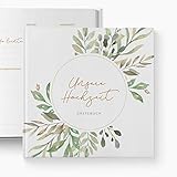 Umschlag: Hardcover | Bindung: langlebige Fadenheftung | Papier: Naturpapier (120g/m²) | Format: 21,5 x 21,5 cm | Seiten: 104 Seiten für 50 Gästeeinträge