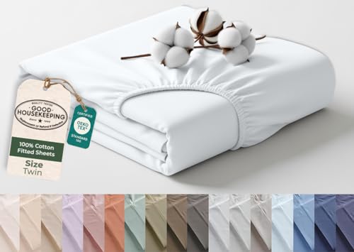 Royale Linens 100% Organic Cotton Twin Fitted Sheet Only - Percale Weave - Super Soft Deep Pocket Bottom Sheets - White Elastic Sheet - Twin Size Fitted Sheets Only - (39
