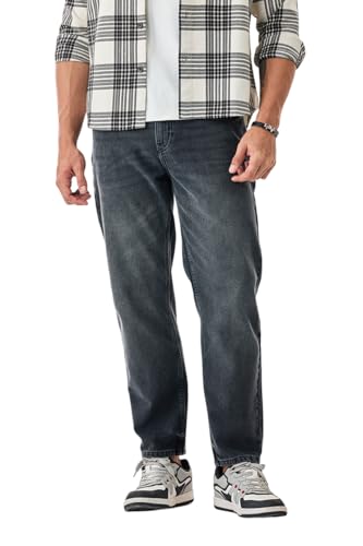 Image of SNITCH Men Casual Jeans | Relaxed Fit Straight Leg Washed Pattern & Drawstring Closure | 100% Cotton Denim Fabric for All Day Comfort & Everyday Wear