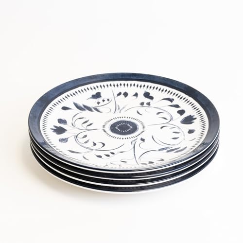 LEMIEUX ET CIE Bruges 4-Piece Salad Plate Set Porcelain, Plates, Dishwasher and Microwave Safe, Dish Set for 4, Blue