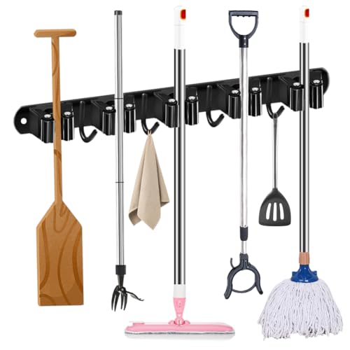Ruioomeep Support mural pour balai, avec 5 supports + 4 crochets en acier inoxydable, porte-outils de jardin, porte-balai, porte-outils, crochet mural sans perçage pour jardin, garage
