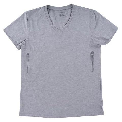 Clever Travel Companion V Neck Men's Tee Shirt - Pickpocket Proof Cotton Sublimation Tees with 2 Secret Hidden Pocket (Grey XXL) Cover