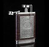 Stainless Steel Silver Hip Flask Flagon Brown Leather Wrapped Premium U Shape with Funnel Gift Box Delicate Elegant 8 OZ Leak Proof Portable for Liquor White Whiskey Wine Vodka