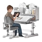 Set med skrivbords- och stolar, höjdjusterbart arbetsbord med 50 graders lutbart skrivbord, ergonomisk studentarbetsstation, arbetsbordsstol set med bokhylla, förvaringslåda för sovrum (grå)