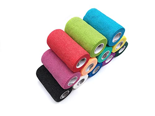 Wildcow Vet Wrap Bulk Bandage Tape (4 Inch 12 Color Pack), Water Resistant Self Adherent Cohesive Rolls #TOP5