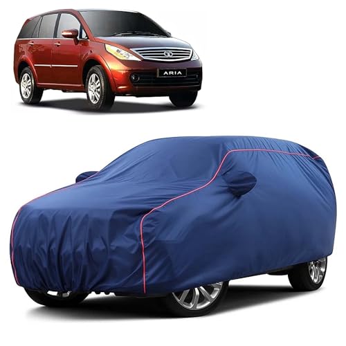 Image of Sulfar 100% Water Resistant Car Body Cover Compatible with Mirror for Tata Aria (Triple Stitched, Full Bottom Elastic, Blue Taffeta with Red Piping)