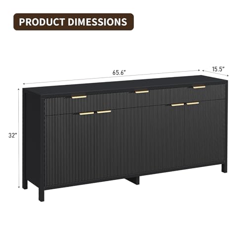 Yanosaku 66\" W Fluted Buffet Cabinet, Sideboard Storage Cabinet with 3 Drawers & 2 Cabinets, Mid-Century Coffee Bar Table for Living Room, Black - Thumbnail 2