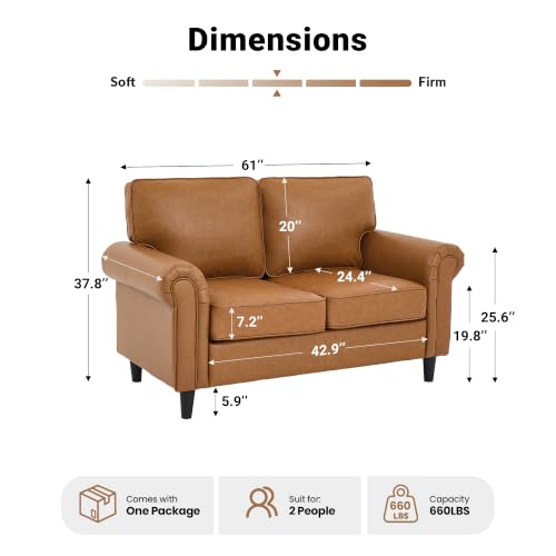 Image of Kingfun Loveseat 2 Seater Couch, Mid Century Modern Faux Leather Sofa with Rolled Arms and Deep Seats, Fluffy Comfort for Living Room, Apartment, Easy Assembly, Brown