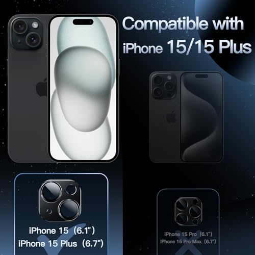 JETech Camera Lens Protector for iPhone 15 6.1-Inch and iPhone 15 Plus 6.7-Inch, Full Coverage 9H Tempered Glass Ring Cover, Matte Metal Plate, Case Friendly, 1-Pack (Midnight)